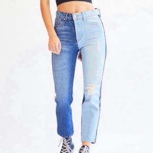 REVICE Dream Fit Two Tone High Rise Distressed Straight Leg Jeans